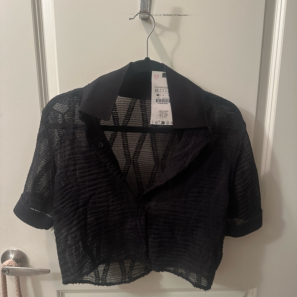 Zara RARE ITEM semi sheer crop button up shirt XS in black REF 7484/061 NWOT